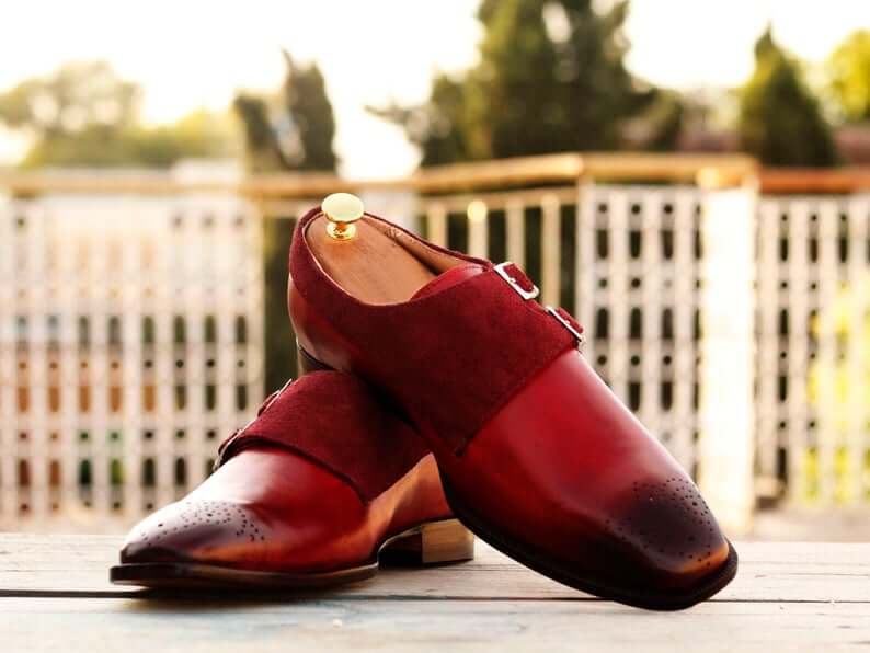 Awesome Handmade Pure Leather & Suede Burgundy Color Double Monk Strap Brogue Toe Shoes, Men Dress Formal Shoes