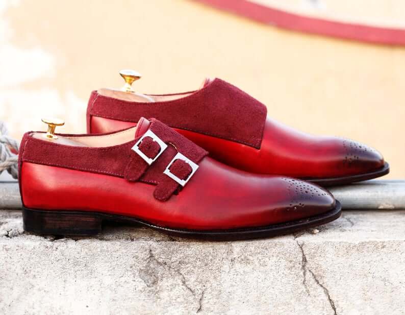 Awesome Handmade Pure Leather & Suede Burgundy Color Double Monk Strap Brogue Toe Shoes, Men Dress Formal Shoes