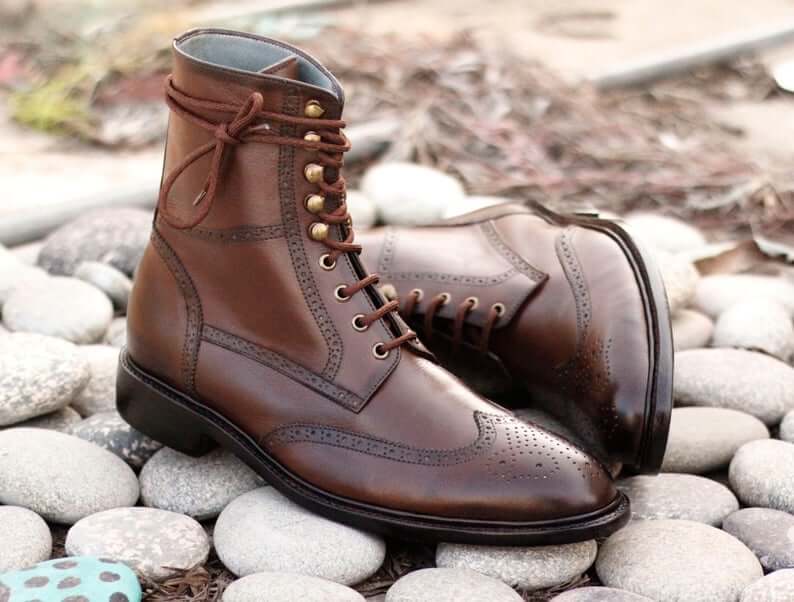 Awesome Handmade Men's Brown Leather Wing Tip Brogue Lace Up Boots, Men Ankle Boots, Men Fashion Boots