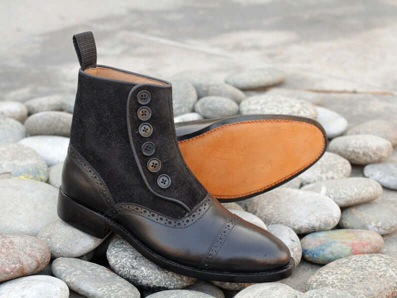 Awesome Handmade Men's Black Leather Suede Cap Toe Button Boots, Men Ankle Fashion Boots