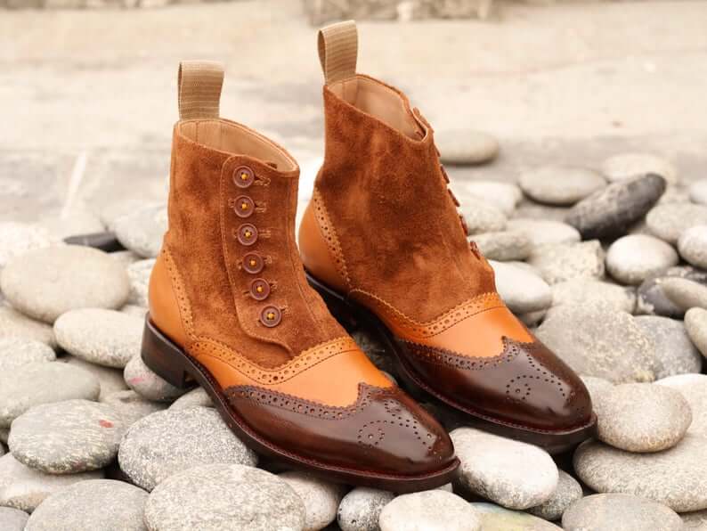 Stylish Handmade Men's Multi Shade Brown Leather Suede Wing Tip Brogue Button Boots, Men Ankle Boots, Men Fashion Boots