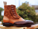 Stylish Handmade Men's Multi Shade Brown Leather Suede Wing Tip Brogue Button Boots, Men Ankle Boots, Men Fashion Boots