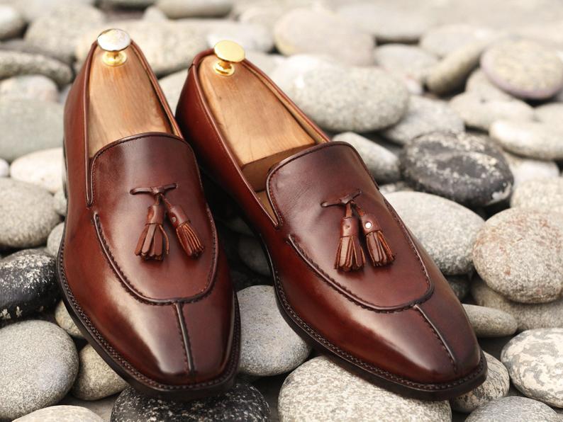 Mens Dress Shoes Real Leather Tassels Square Toe Slip On Loafers Business  Formal