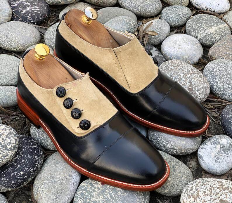 Elegant Handmade Men's Black Beige Leather Suede Cap Toe Button Shoes, Men Dress Formal Shoes