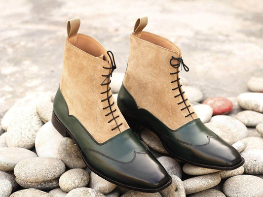 New Handmade Men's Black Leather Beige Suede Wing Tip Boots, Men Ankle Boots, Men Fashion Boots