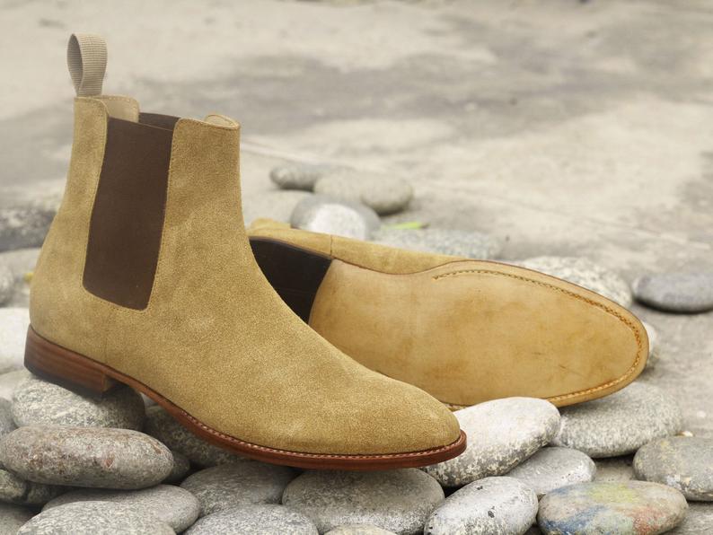 Awesome Handmade Men's Beige Suede Chelsea Boots, Men Ankle Boots, Men Designer Boots