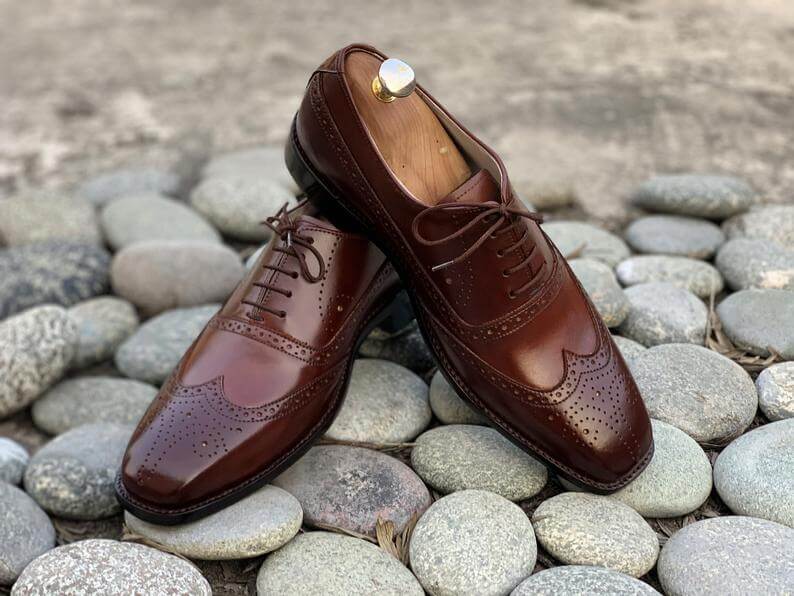 Awesome Men's Brown Handmade Wing Tip Brogue Leather Shoes, Men Goodyear Welted Lace up Designer Shoes