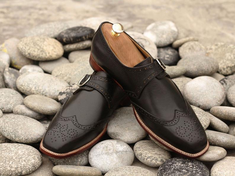 Awesome Handmade Men's Black Leather Wing Tip Brogue Monk Strap Shoes, Men Goodyear Welted Dress Formal Shoes