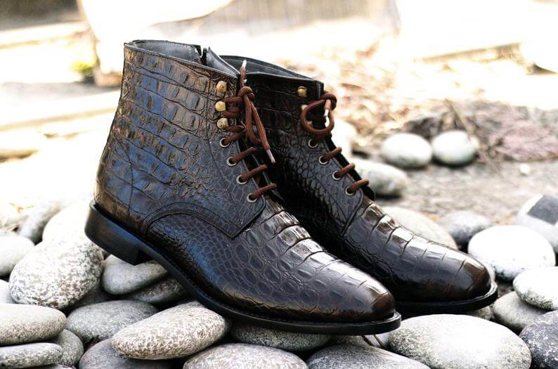 Awesome Handmade Men's Dark Brown Alligator Textured Leather Boots, Men Fashion Dress Ankle Boots