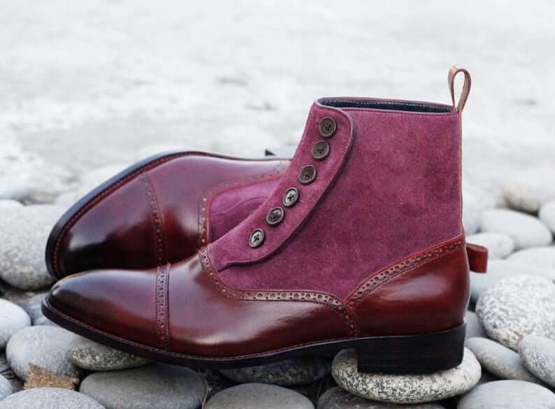 Awesome Men's Handmade Burgundy Leather Suede Cap Toe Button Boots, Men Ankle Fashion Boots