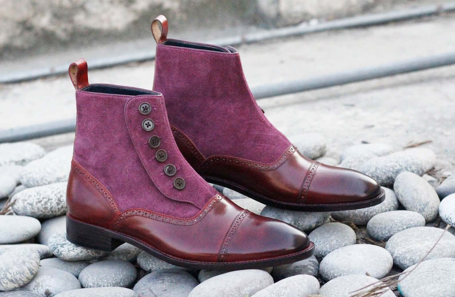 Awesome Men's Handmade Burgundy Leather Suede Cap Toe Button Boots, Men Ankle Fashion Boots