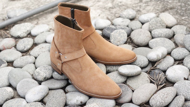 Handmade tan suede boots, men side zipper boots, leather boot mens, ankle  boots