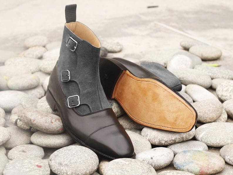 Stylish Handmade Men's Black Leather Gray Suede Cap Toe Triple Monk Strap Boots, Men Fashion Ankle Boots