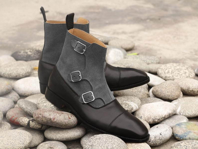 Stylish Handmade Men's Black Leather Gray Suede Cap Toe Triple Monk Strap Boots, Men Fashion Ankle Boots