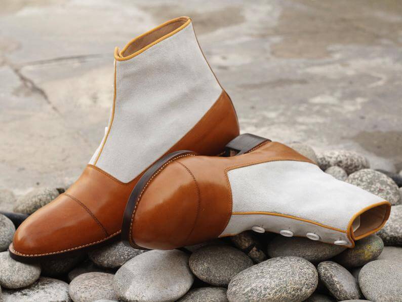 Elegant Handmade Men's Tan White Leather Suede Cap Toe Button Boots, Men Ankle Fashion Boots