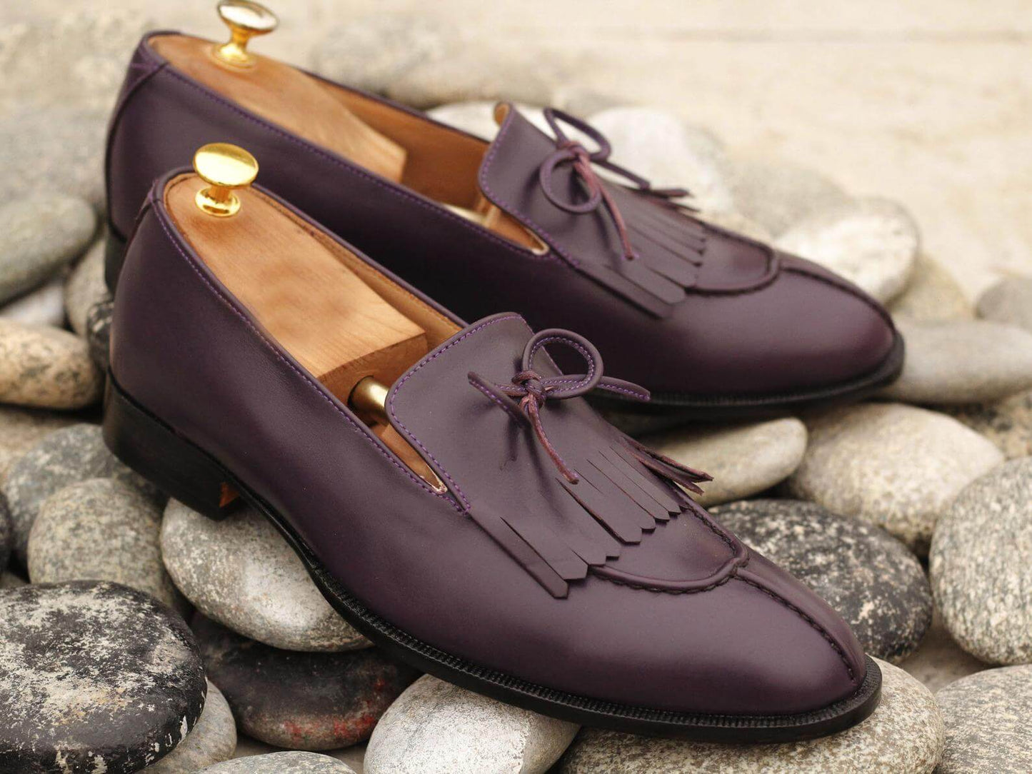 Latest Handmade Men's Purple Leather Fringes & Tussle Loafers, Men Split Toe Dress Formal Shoes