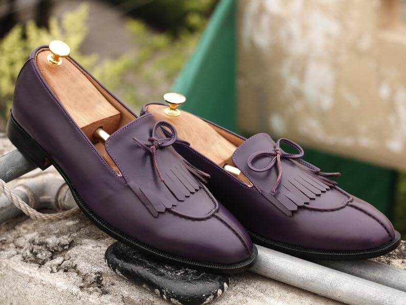 Latest Handmade Men's Purple Leather Fringes & Tussle Loafers, Men Split Toe Dress Formal Shoes