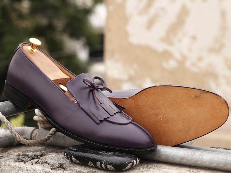 Latest Handmade Men's Purple Leather Fringes & Tussle Loafers, Men Split Toe Dress Formal Shoes