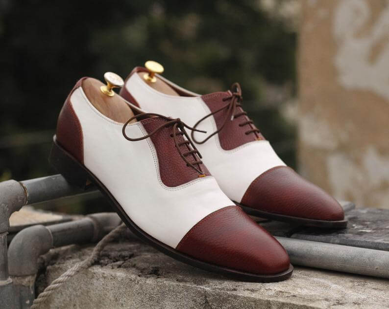 Elegant Handmade Men's Burgundy White Leather Cap Toe Lace Up Shoes, Men Dress Formal Luxury Shoes