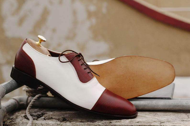 Elegant Handmade Men's Burgundy White Leather Cap Toe Lace Up Shoes, Men Dress Formal Luxury Shoes