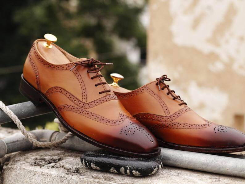 Awesome Men's Handmade Tan Brown Leather Wing Tip Brogue Lace Up Shoes, Men Dress Formal Shoes