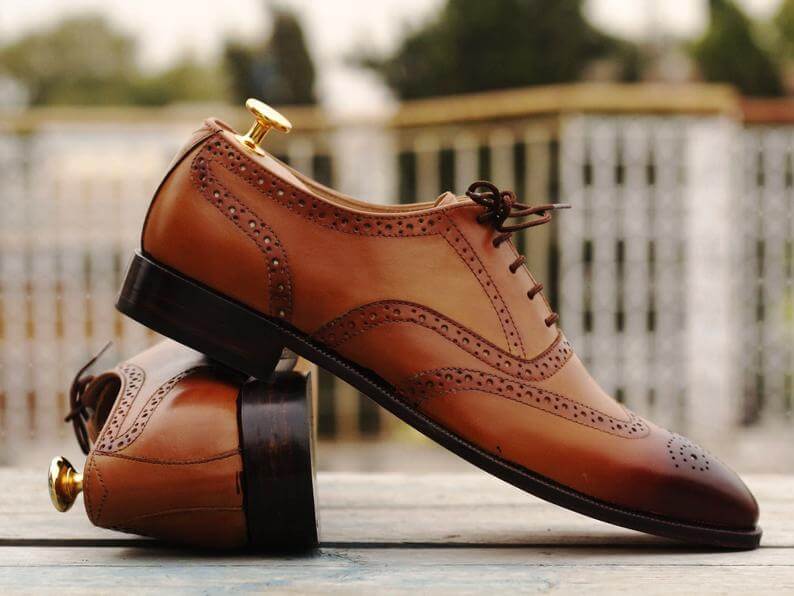 Awesome Men's Handmade Tan Brown Leather Wing Tip Brogue Lace Up Shoes, Men Dress Formal Shoes