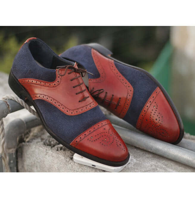 Awesome Handmade Men's Burgundy Leather Navy Blue Suede Cap Toe Brogue ...