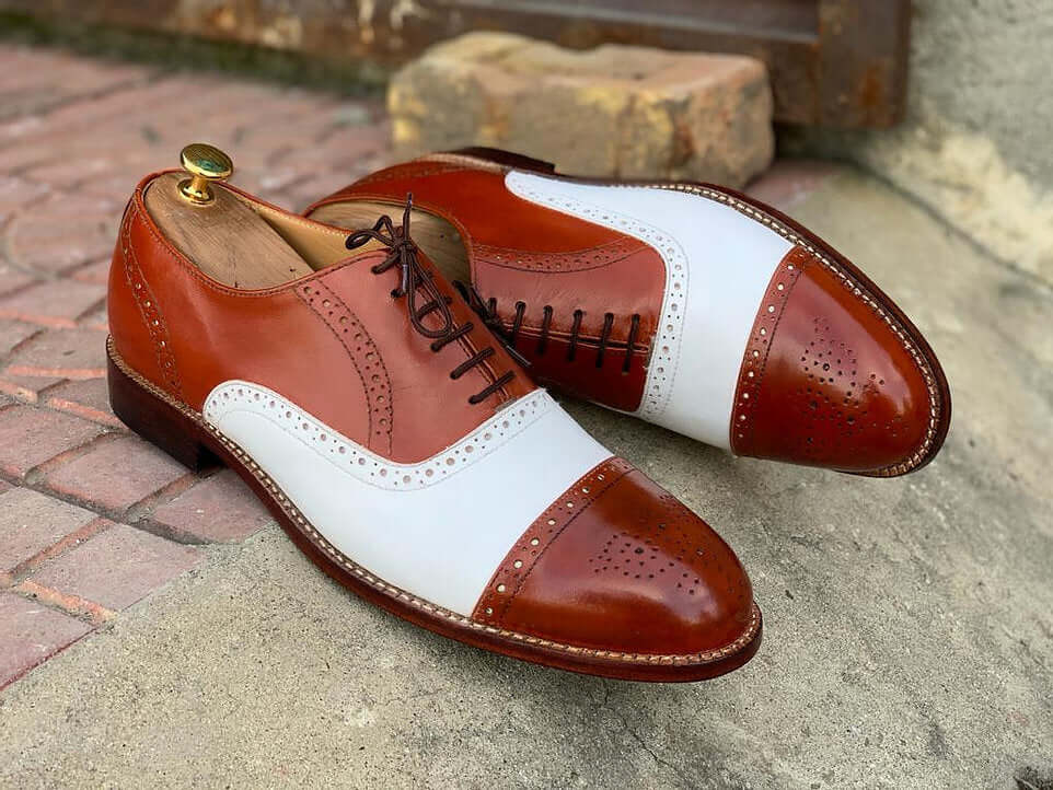 Awesome Handmade Men's Tan White Leather Cap Toe Lace Up Shoes, Men Dress Formal Shoes