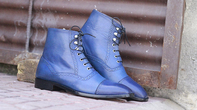 Awesome Handmade Men's Blue Leather Cap Toe Lace Up Boots, Men Fashion Ankle Boots