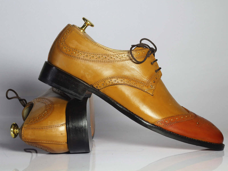 Awesome Handmade Men's Tan Brown Wing Tip Brogue Leather Lace Up Shoes, Men Dress Formal Luxury Lace up Shoes