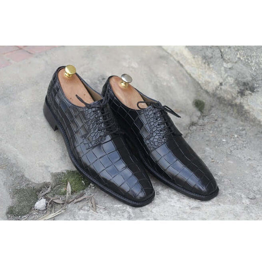 Awesome Handmade Men's Black Alligator Textured Leather Shoes, Men Dress Formal Lace Up Shoes