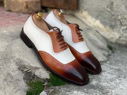 Awesome Handmade Men's White Brown Leather Brogue Shoes, Men Dress Formal Lace Up Shoes