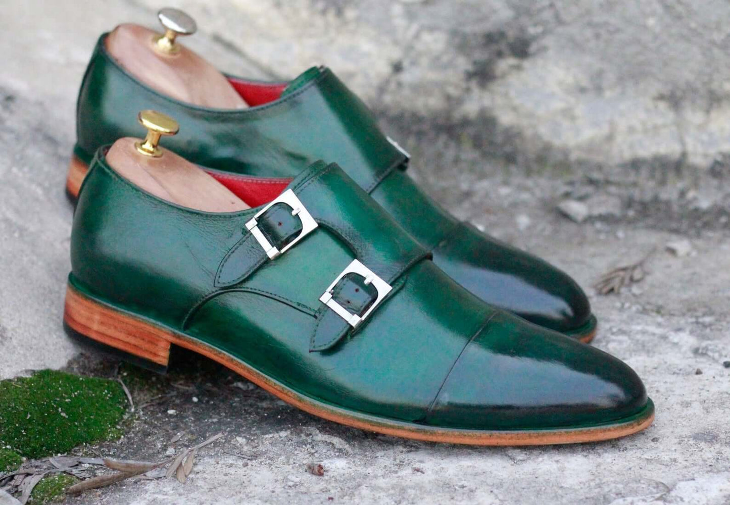 Awesome Men's Handmade Green Leather Cap Toe Buckle Shoes. Men Dress Formal Fashion Shoes