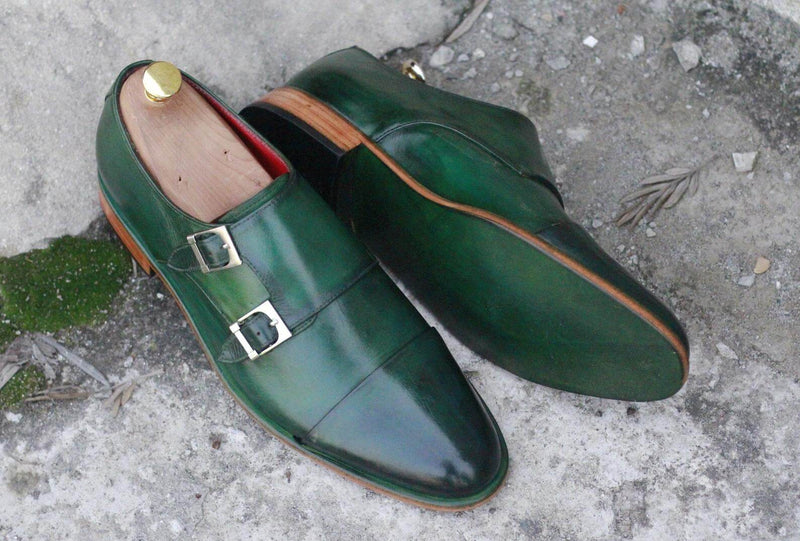 Awesome Men's Handmade Green Leather Cap Toe Buckle Shoes. Men Dress Formal Fashion Shoes