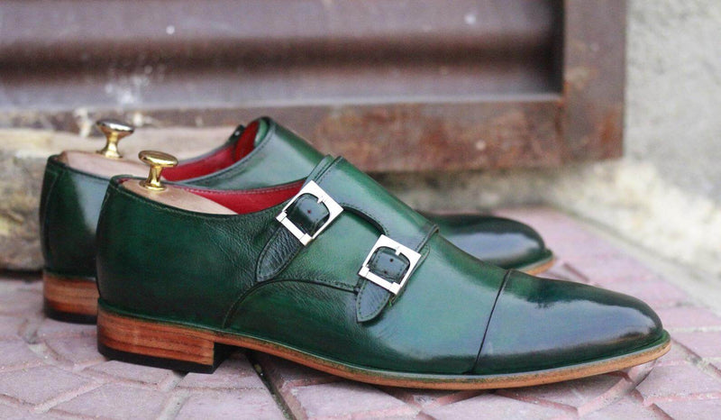 Awesome Men's Handmade Green Leather Cap Toe Buckle Shoes. Men Dress Formal Fashion Shoes