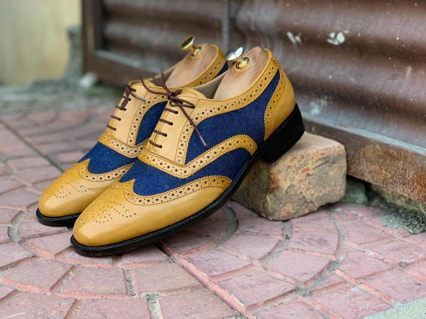 Awesome Handmade Men's Tan Blue Leather Denim Wing Tip Brogue Shoes, Men Dress Formal Lace Up Shoes