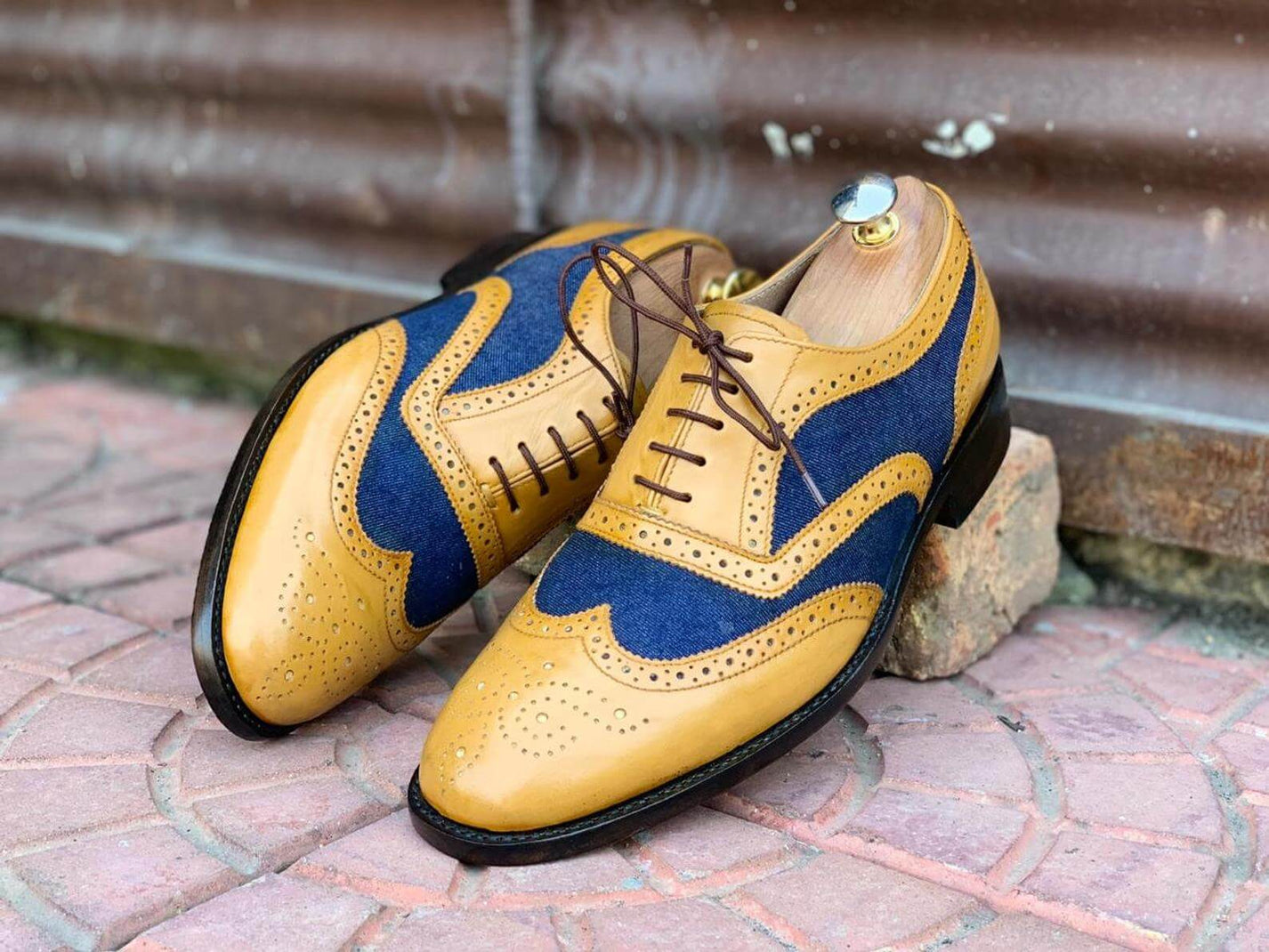 Awesome Handmade Men's Tan Blue Leather Denim Wing Tip Brogue Shoes, M