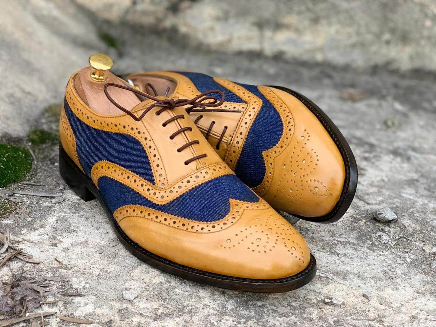 Awesome Handmade Men's Tan Blue Leather Denim Wing Tip Brogue Shoes, Men Dress Formal Lace Up Shoes