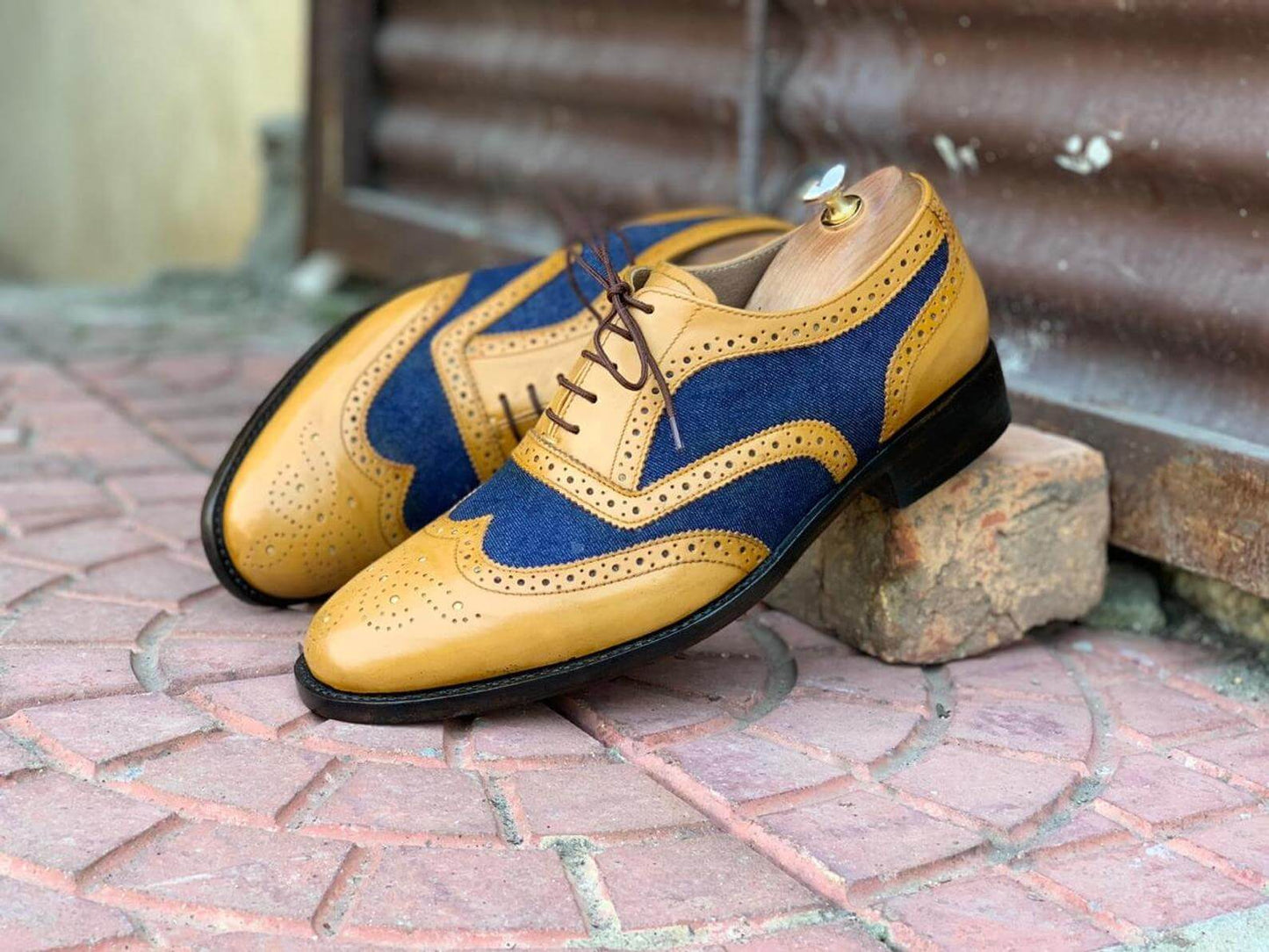 Awesome Handmade Men's Tan Blue Leather Denim Wing Tip Brogue Shoes, Men Dress Formal Lace Up Shoes