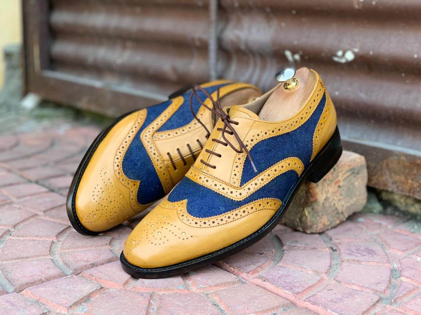 Awesome Handmade Men's Tan Blue Leather Denim Wing Tip Brogue Shoes, Men Dress Formal Lace Up Shoes