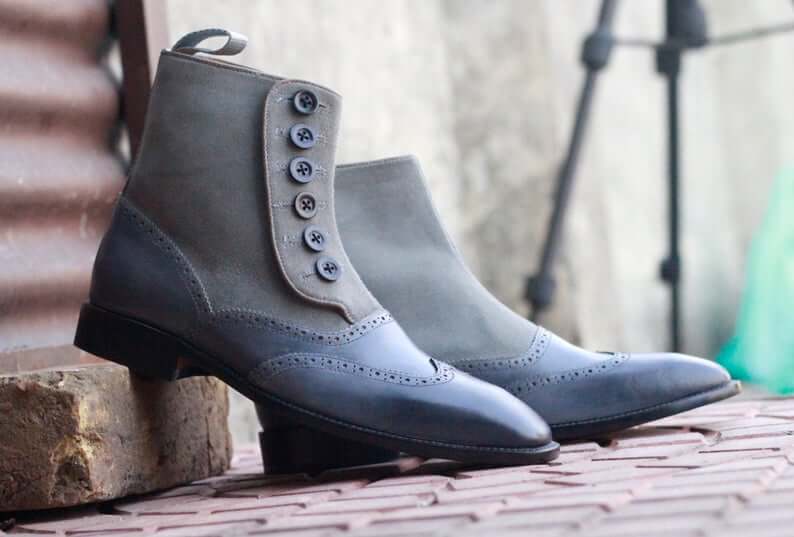 Stylish Men's Handmade Gray Leather Suede Wing Tip Button Boots, Men Fashion Ankle Boots