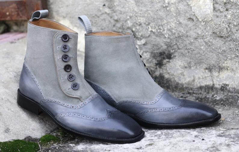 Stylish Men's Handmade Gray Leather Suede Wing Tip Button Boots, Men Fashion Ankle Boots