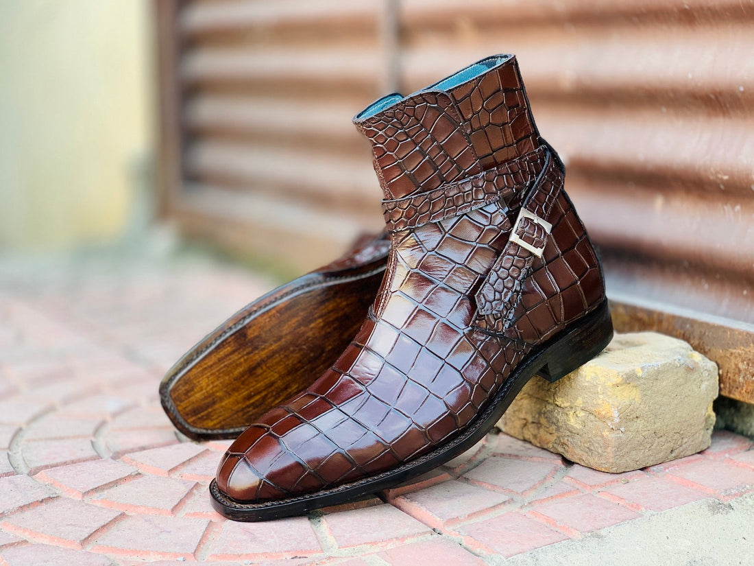 Awesome Handmade Men's Brown Alligator Textured Leather Jodhpur Boots, Men Fashion Dress Ankle Boots