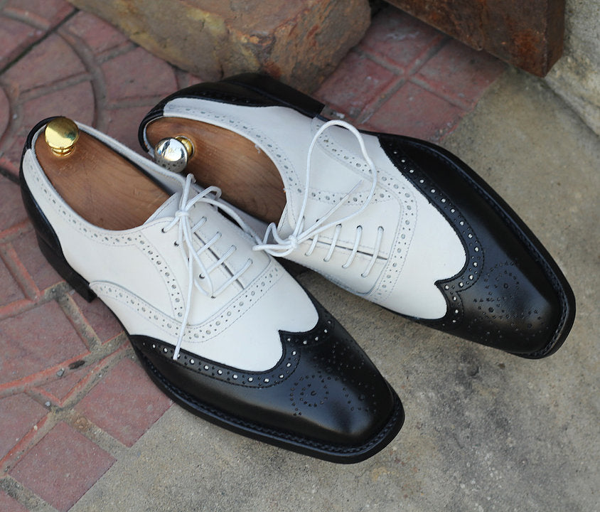 Awesome Handmade Men's Black White Leather Wing Tip Brogue Shoes, Men ...