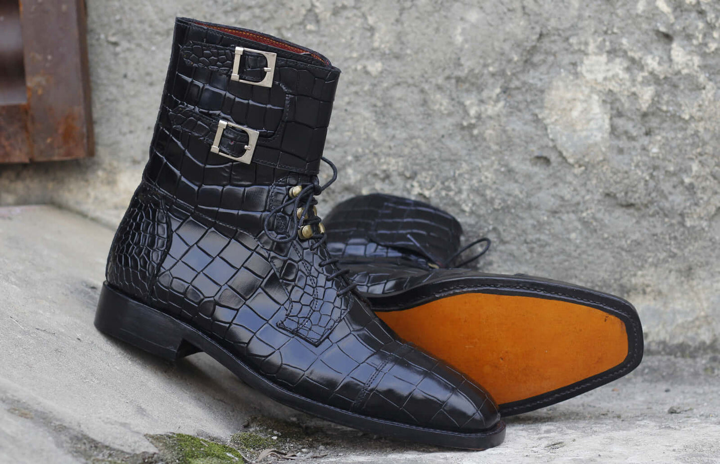 Awesome Handmade Men's Black Alligator Textured Leather Boots, Men Fashion Buckle & Lace Up Ankle Boots