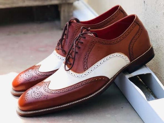 Handmade Men’s Leather Lace Up Shoes, Men’s Brown & White Brogue Stylish Shoes - theleathersouq