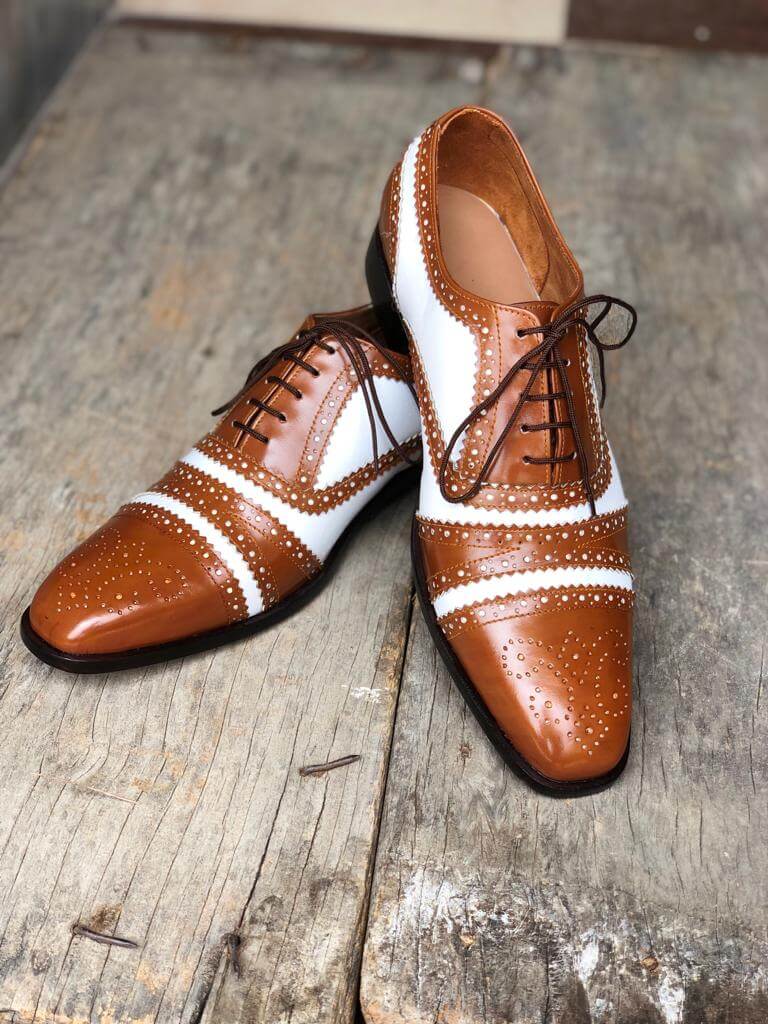 Handmade Men’s Leather Lace Up Shoes, Men’s Brown & White Brogue Stylish Shoes - theleathersouq