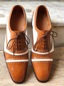 Handmade Men’s Leather Lace Up Shoes, Men’s Brown & White Brogue Stylish Shoes - theleathersouq