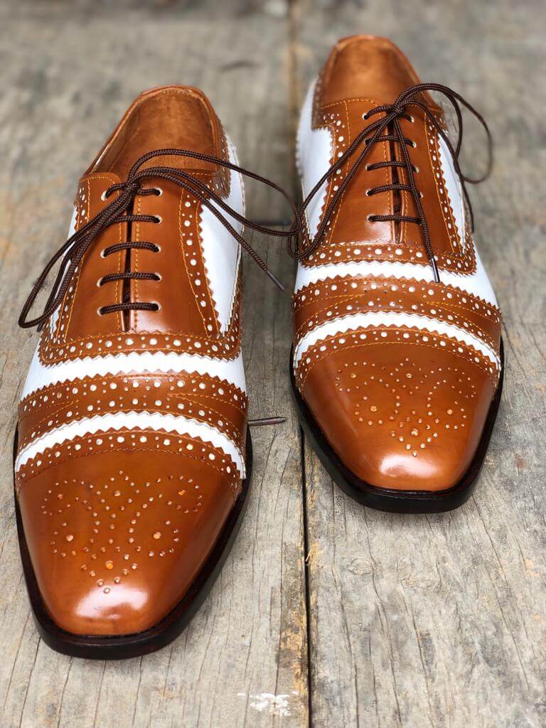 Handmade Men’s Leather Lace Up Shoes, Men’s Brown & White Brogue Stylish Shoes - theleathersouq