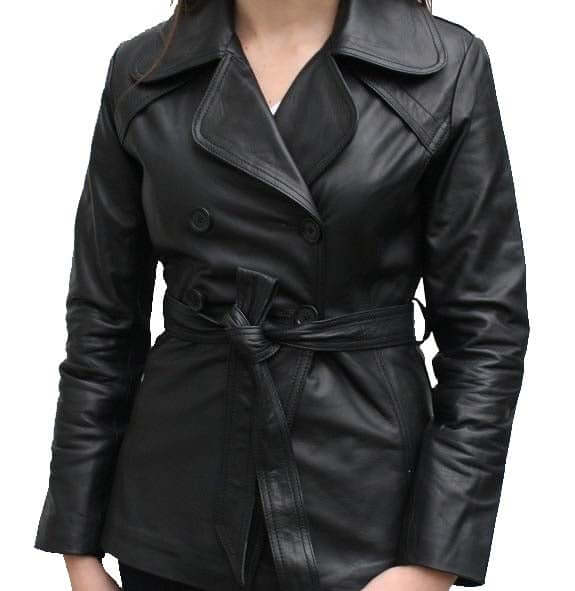 Stylish Women's Black Color Leather Coat/ Jacket, Black Leather Belt Coat For Ladies - theleathersouq